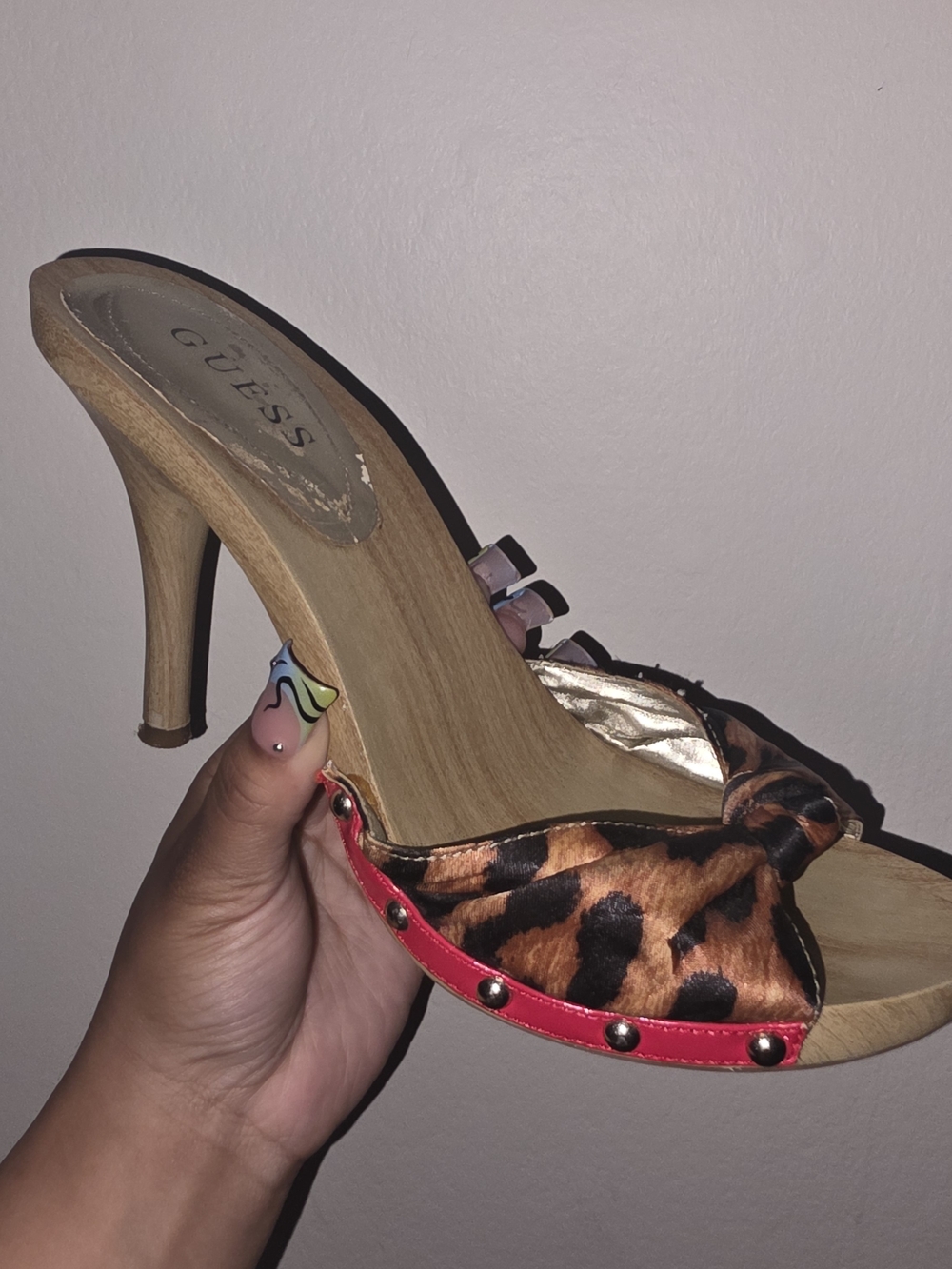 Y2k Vintage Circa 2003 Guess Leopard Print Open-Toe Mule with Red Stud Trim